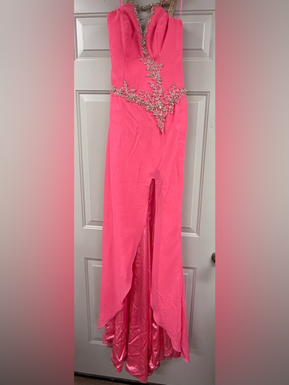 Strapless Hot Pink Gown with Gold Beaded Detail